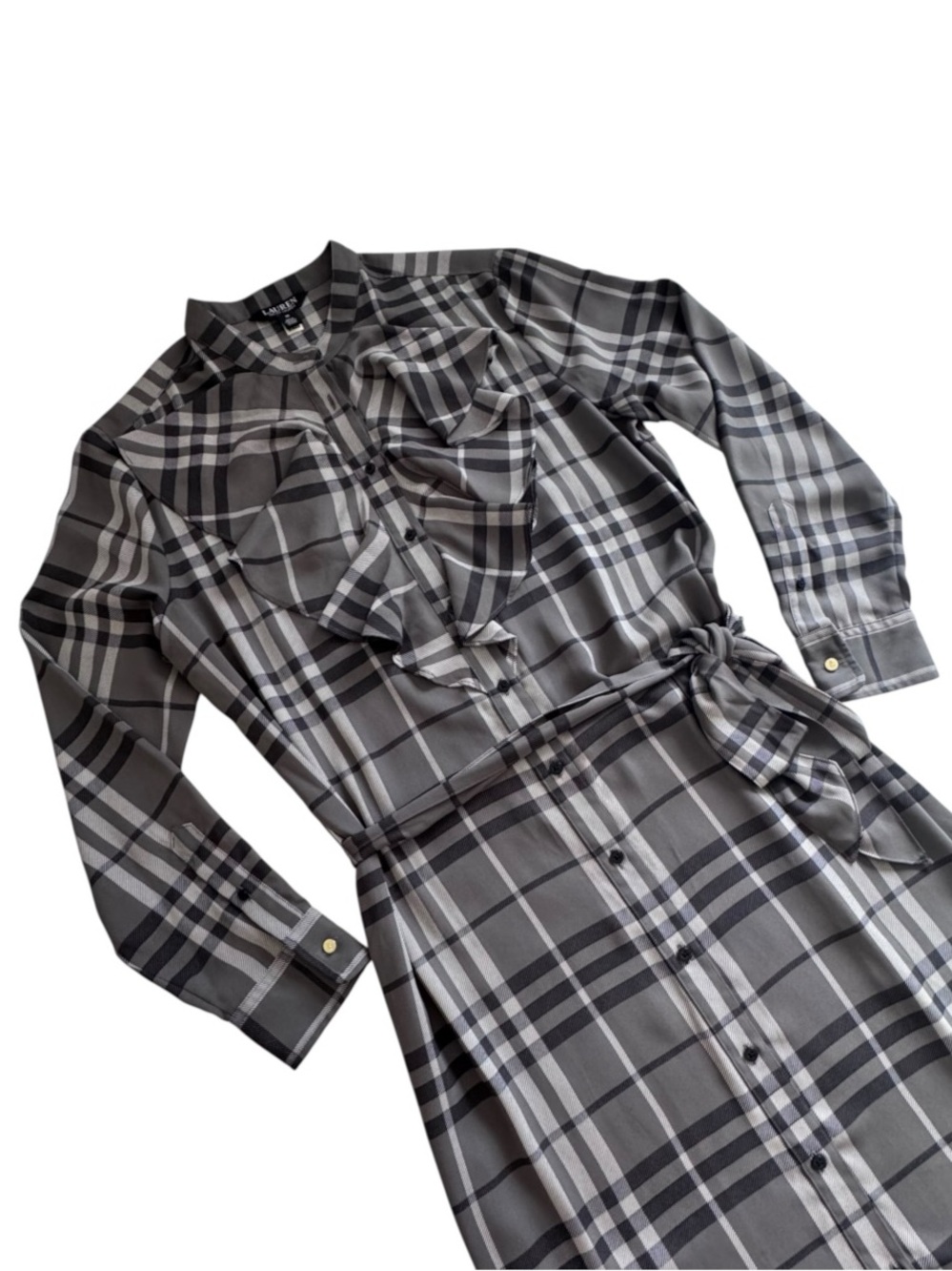 Lauren Ralph Lauren Plaid Georgette Ruffle Trim Shirtdress Grey Black NWOT